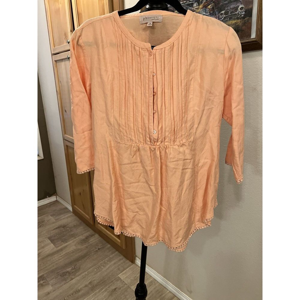 Philosophy Medium Ladies Button Up Pleated Top Peach Color